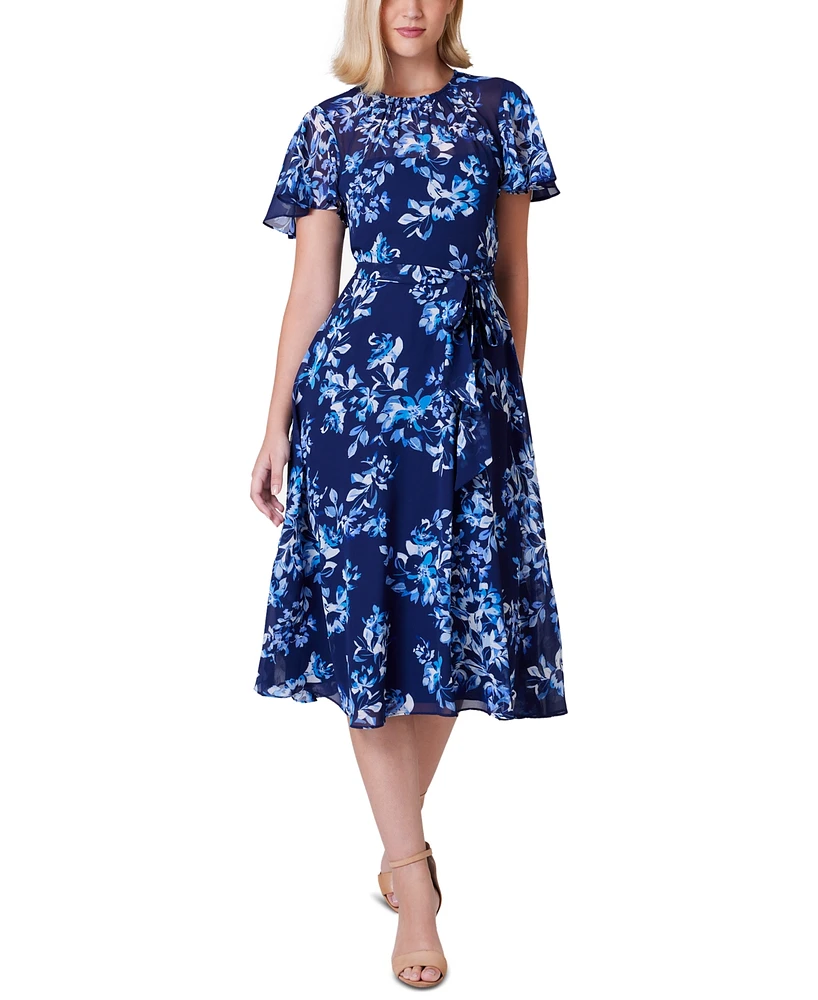 Jessica Howard Petite Printed Chiffon Belted Dress