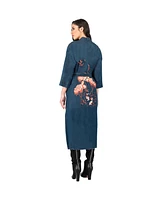 Women's Bird Print Back Denim Kimono Trench Coats