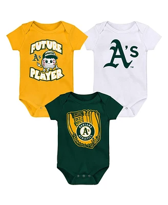 Baby Boys and Girls Gold, Green, White Oakland Athletics Minor League Player Three-Pack Bodysuit Set