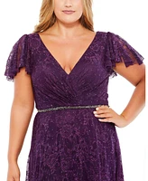 Women's Plus Size Embellished Flutter Sleeve Evening Gown