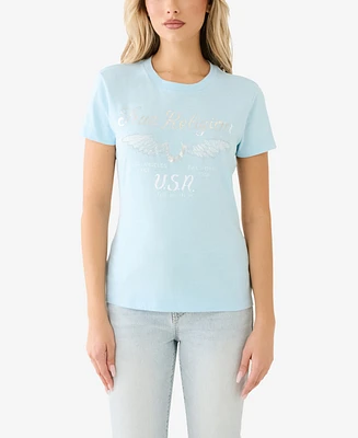 True Religion Women's Short Sleeve Crystal Wing Horseshoe T-shirt