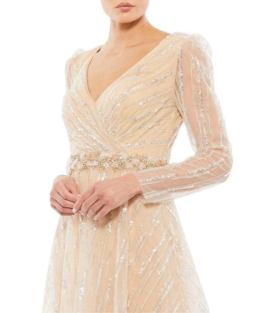 Women's Long Sleeve Gown With Silver Sequin