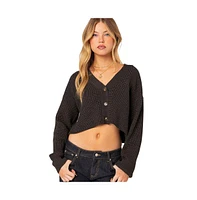 Women's Oversized waffle knit cropped cardigan - Dark