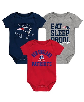 Baby Boys and Girls Navy, Red, Heather Gray New England Patriots Three-Pack Eat, Sleep and Drool Retro Bodysuit Set