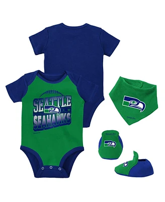 Baby Boys and Girls Mitchell & Ness Green, Royal Seattle Seahawks Throwback Big Score Bodysuit, Bib Bootie Set