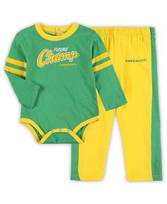 Baby Boys and Girls Green, Yellow Oregon Ducks Little Kicker Long Sleeve Bodysuit Sweatpants Set