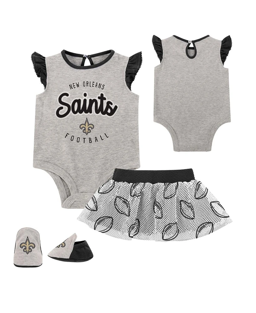 Baby Boys and Girls Heather Gray, Black New Orleans Saints All Dolled Up Three-Piece Bodysuit, Skirt Booties Set