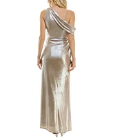 Taylor Women's Silky-Knit Foil Slit-Front One-Shoulder Gown