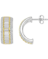 Cubic Zirconia Baguette & Round Small Half Hoop Earrings in Sterling Silver & 14k Gold-Plate