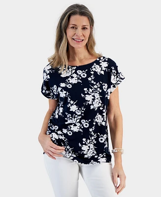 Style & Co Women's Printed Boat-Neck Mixed Media Top, Created for Macy's