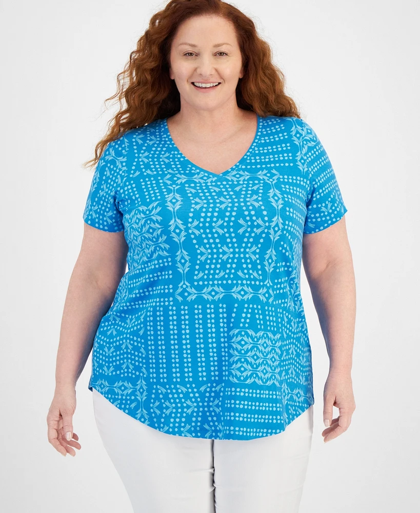 Jm Collection Plus Patchwork Paradise Short Sleeve Top, Created for Macy's