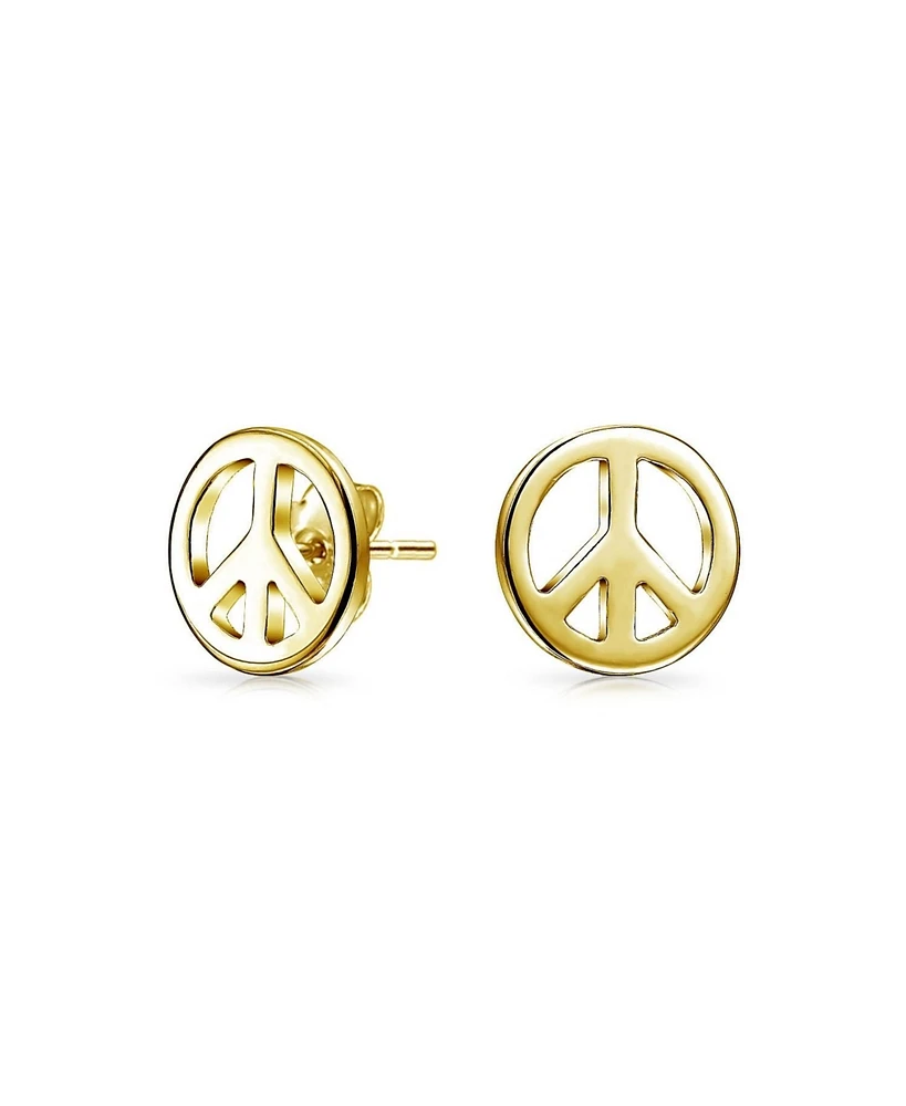 Bling Jewelry Dainty Tiny Small Round World Peace Sign Symbol Stud Earrings For Women Gold Plated Sterling Silver