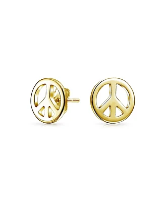 Dainty Tiny Small Round World Peace Sign Symbol Stud Earrings For Women Teen Gold Plated.925 Sterling Silver