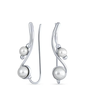 White Freshwater Cultured Pearl Wire Ear Pin Climbers Earrings For Women Round Crawlers.925 Sterling Silver