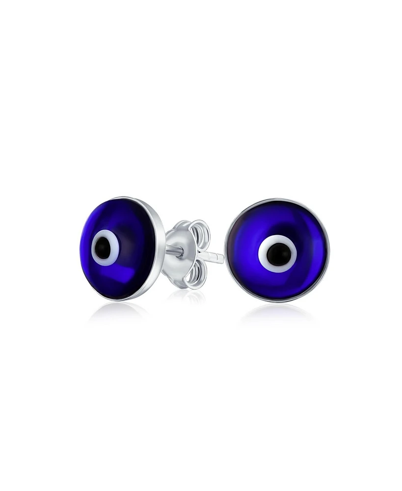 Bling Jewelry Spiritual Round Navy Blue Nazar Evil Eye Stud Earrings For Women Murano Glass Sterling Silver 9MM