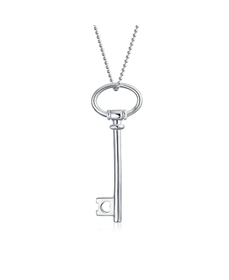 Large Plain Open Oval Key Shape Pendant Necklace For Women Girlfriend .925 Sterling Silver 18 Inch
