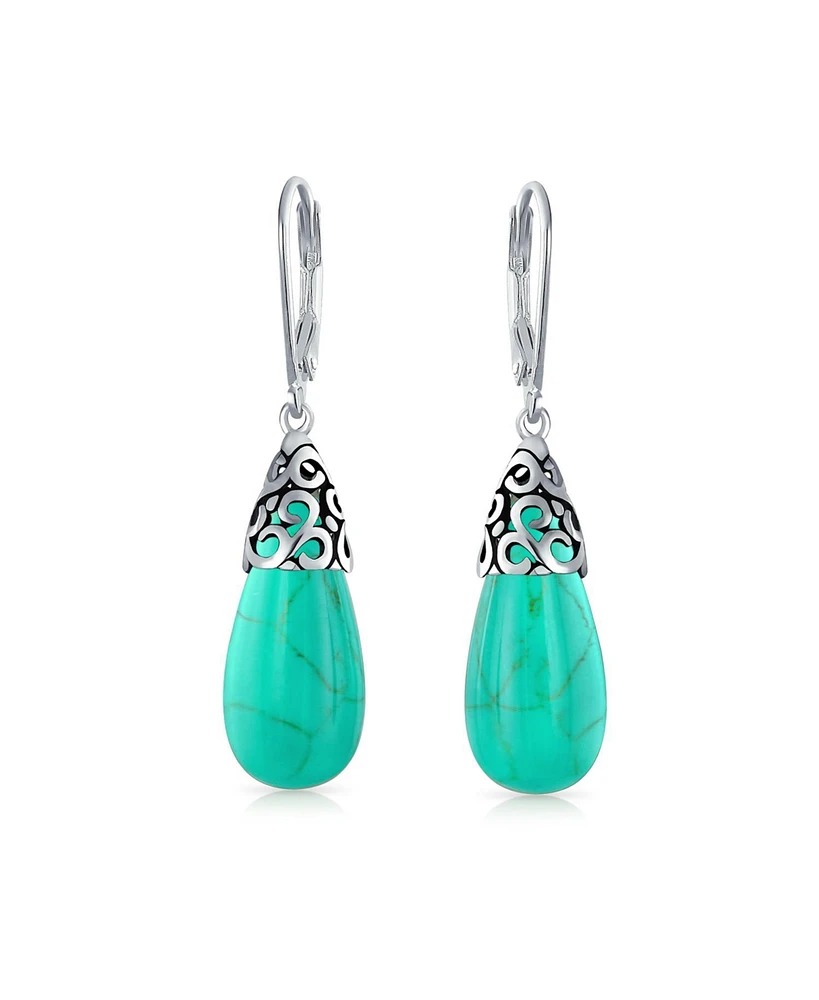 Bling Jewelry Western Style Stabilized Natural Turquoise Elongated Teardrop Filigree Lever Back Dangle Earrings Sterling Silver
