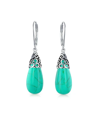 Bling Jewelry Western Style Stabilized Natural Turquoise Elongated Teardrop Filigree Lever Back Dangle Earrings Sterling Silver
