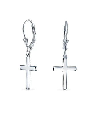 Minimalist Simple Delicate Small Religious Cross Drop Dangle Earrings For Women Teen Secure Lever back High Polished.925 Sterling Silver