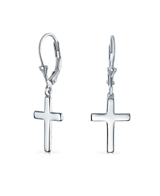 Bling Jewelry Minimalist Simple Delicate Small Religious Cross Drop Dangle Earrings For Women Secure Lever back High Sterling Silver