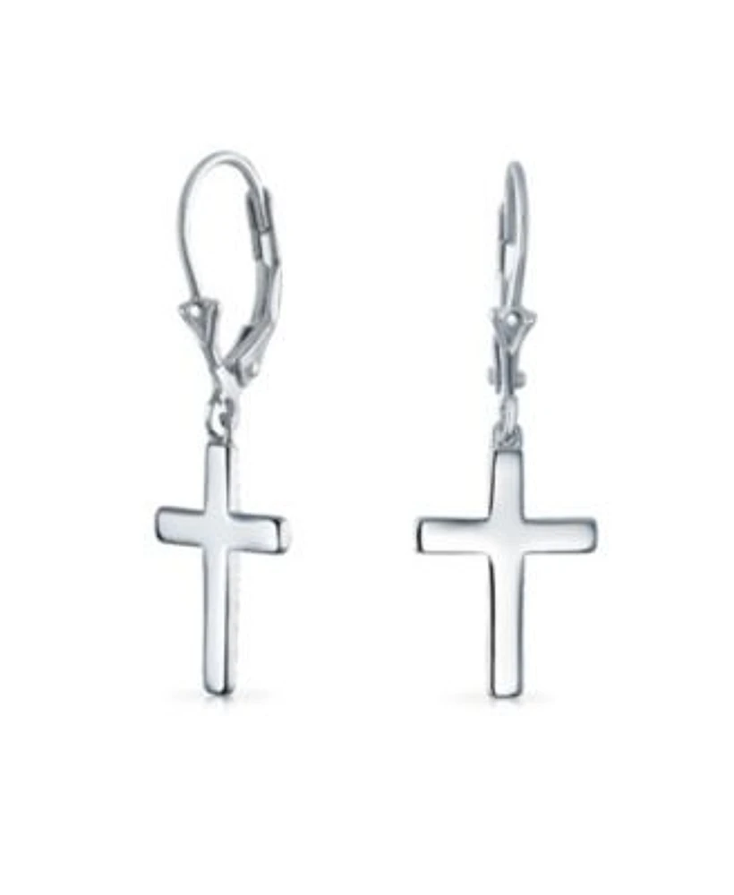 Bling Jewelry Minimalist Religious Cross Dangle Earrings 14K Gold Plated Sterling Silver