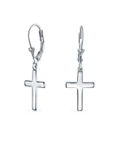 Bling Jewelry Minimalist Religious Cross Dangle Earrings 14K Gold Plated Sterling Silver