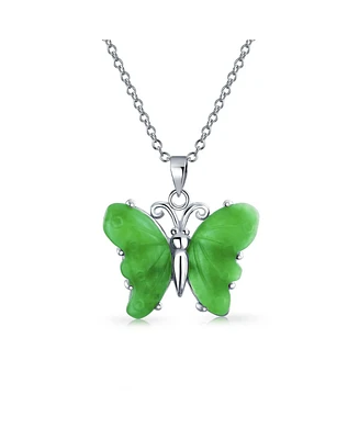 Handcrafted Carved Green Gemstone Jade Garden Butterfly Pendant Necklace For Women .925 Sterling Silver With Chain