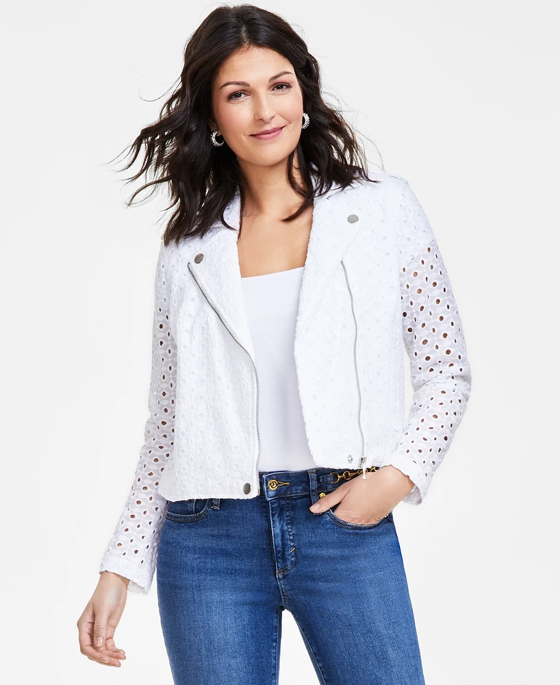 I.n.c. International Concepts Women's Cotton Eyelet Moto Jacket, Created for Macy's