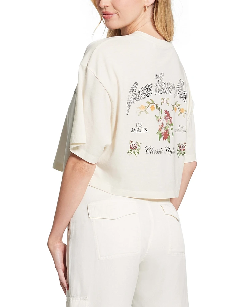 Guess Women's Flower Market Embellished Cropped T-Shirt