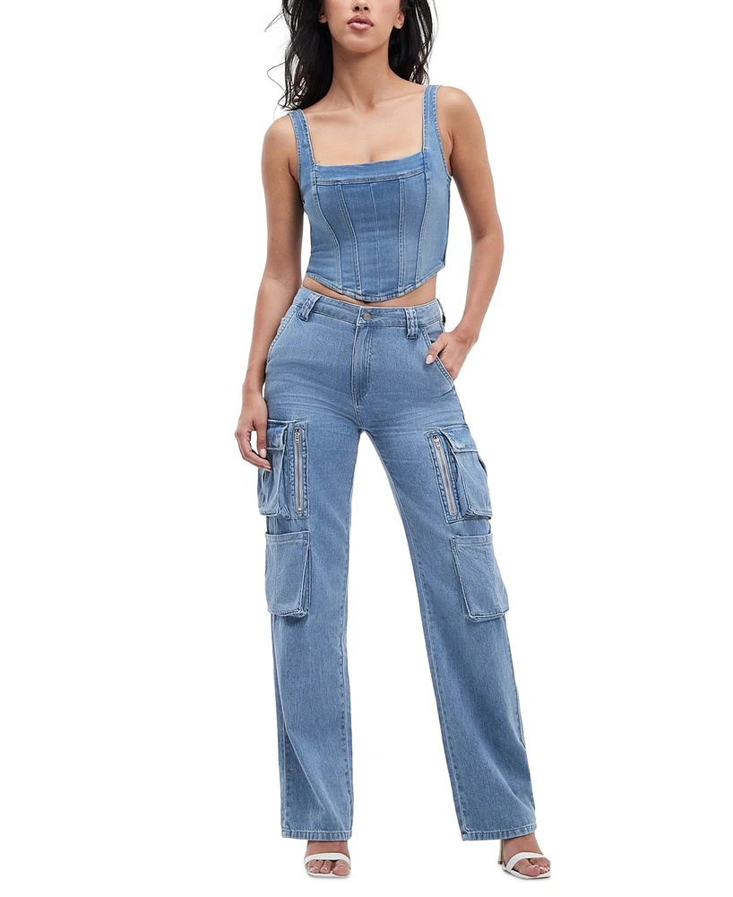 Guess Women's Kori High Rise Wide Leg Cotton Cargo Jeans