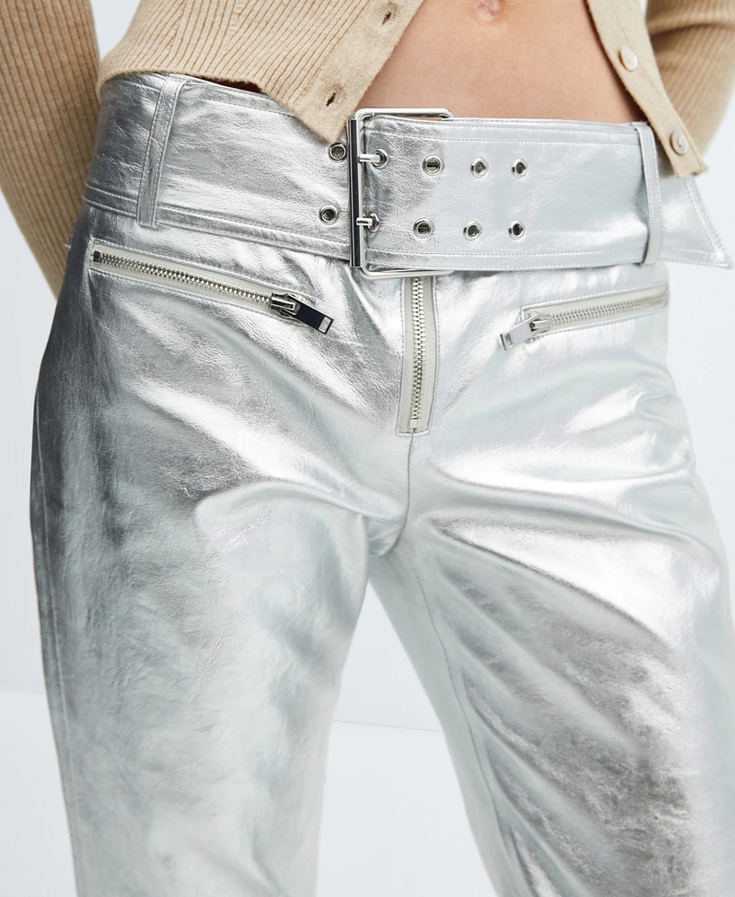 Mango Women's Belt Detail Metallic Pants