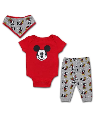 Baby Boys and Girls Red Mickey & Friends Bodysuit, Bib and Jogger Set