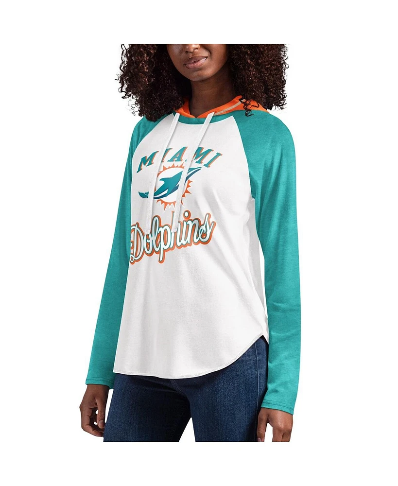 Women's G-iii 4Her by Carl Banks White Miami Dolphins Mvp Raglan Hooded Long Sleeve T-shirt
