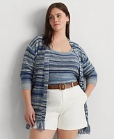 Lauren Ralph Plus Linen-Blend Belted Fringe-Trim Cardigan