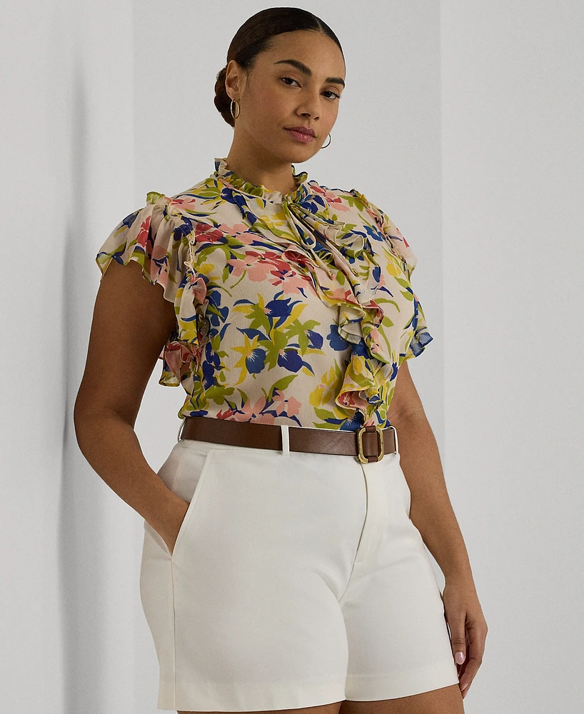 Lauren Ralph Plus Tie-Neck Flutter-Sleeve Top