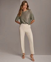 Donna Karan Womens Short Sleeve Sequin Sweater Belted Slim Leg Pant