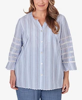 Alfred Dunner Plus Size Bayou Pinstripe Embroidered Button Down Top