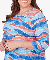 Alfred Dunner Plus Neptune Beach Crew Neck Wave Top