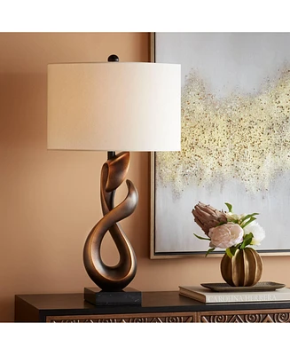 Open Infinity 30" Tall Large Mid Century Modern End Table Lamp Dark Gold Finish Single Fabric White Shade Living Room Bedroom Bedside Nightstand House