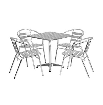 Square Aluminum Indoor-Outdoor Table Set With 4 Slat Back Chairs