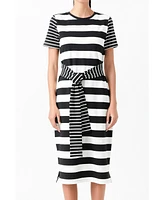 Women's Contrast Stripe Knit Midi Dress