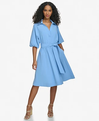 Calvin Klein Women's Split-Neck Puff-Sleeve A-Line Dress