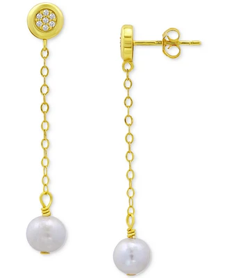 Giani Bernini Cultured Freshwater Pearl (7mm) & Cubic Zirconia Chain Drop Earrings 18k Gold