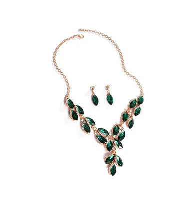 Sohi Women's Green Stone Leaf Necklace And Earrings (Set Of 2)