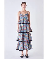 Women's Grid Print Tiered Maxi Dress with Ric Rac Trim