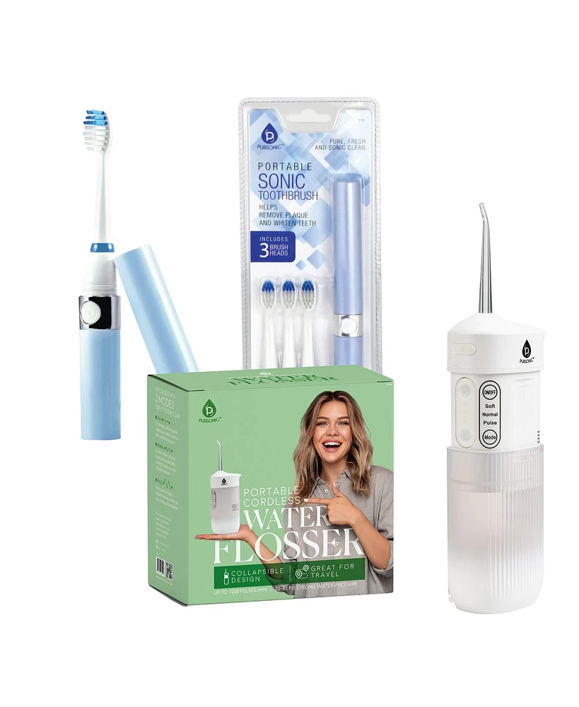 Pursonic Compact Travel Oral Care Bundle: Portable Usb Rechargeable Collapsible Water Flosser and Pursonic Portable Sonic Toothbrush