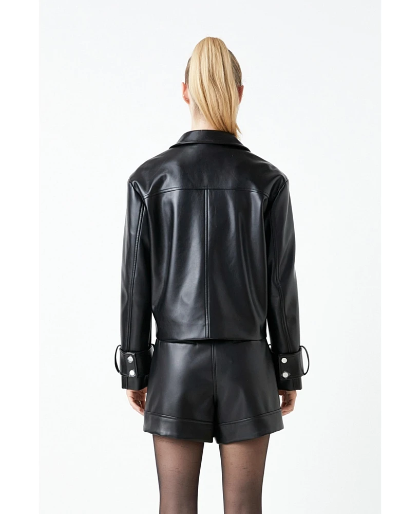 Women's Zip Up Cropped Faux Leather Jacket