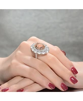 Sterling Silver with White Gold Plated Morganite Oval Clear Round Cubic Zirconia Halo Ring