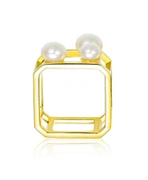 Sterling Silver 14K Gold Plated in Hollow Cube Design with 4 Genuine Freshwater Pearl Geometric Ring