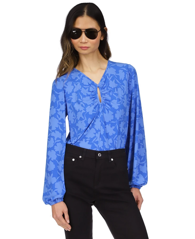 Michael Kors Petite Shadow-Fleur Print Long-Sleeve Top